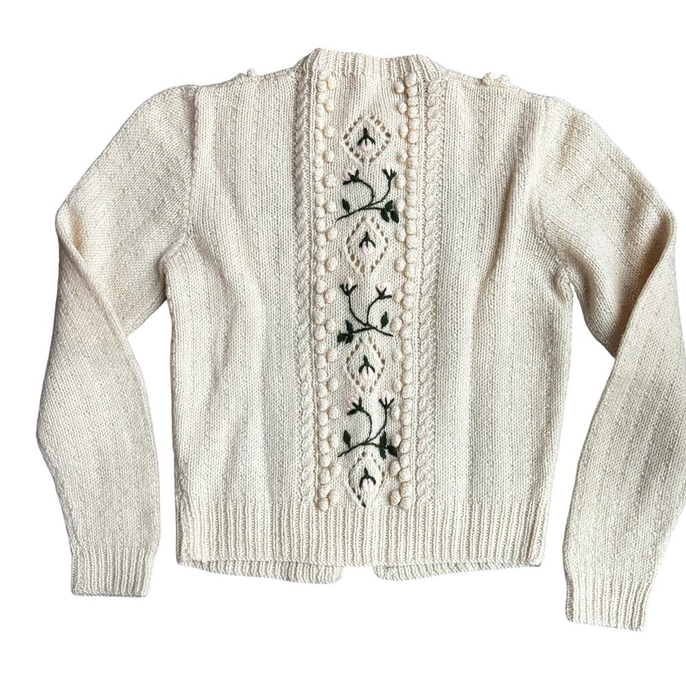Vintage Hand Knitted Pure Wool Cardigan Sweater Cable Knit & Embroidery Ladies S - Picture 9 of 10